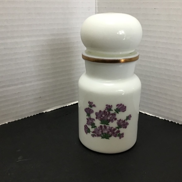 Vintage Milk Glass Apothecary Bottle with Purple Flowers, Made in Belgium - Picture 5 of 8